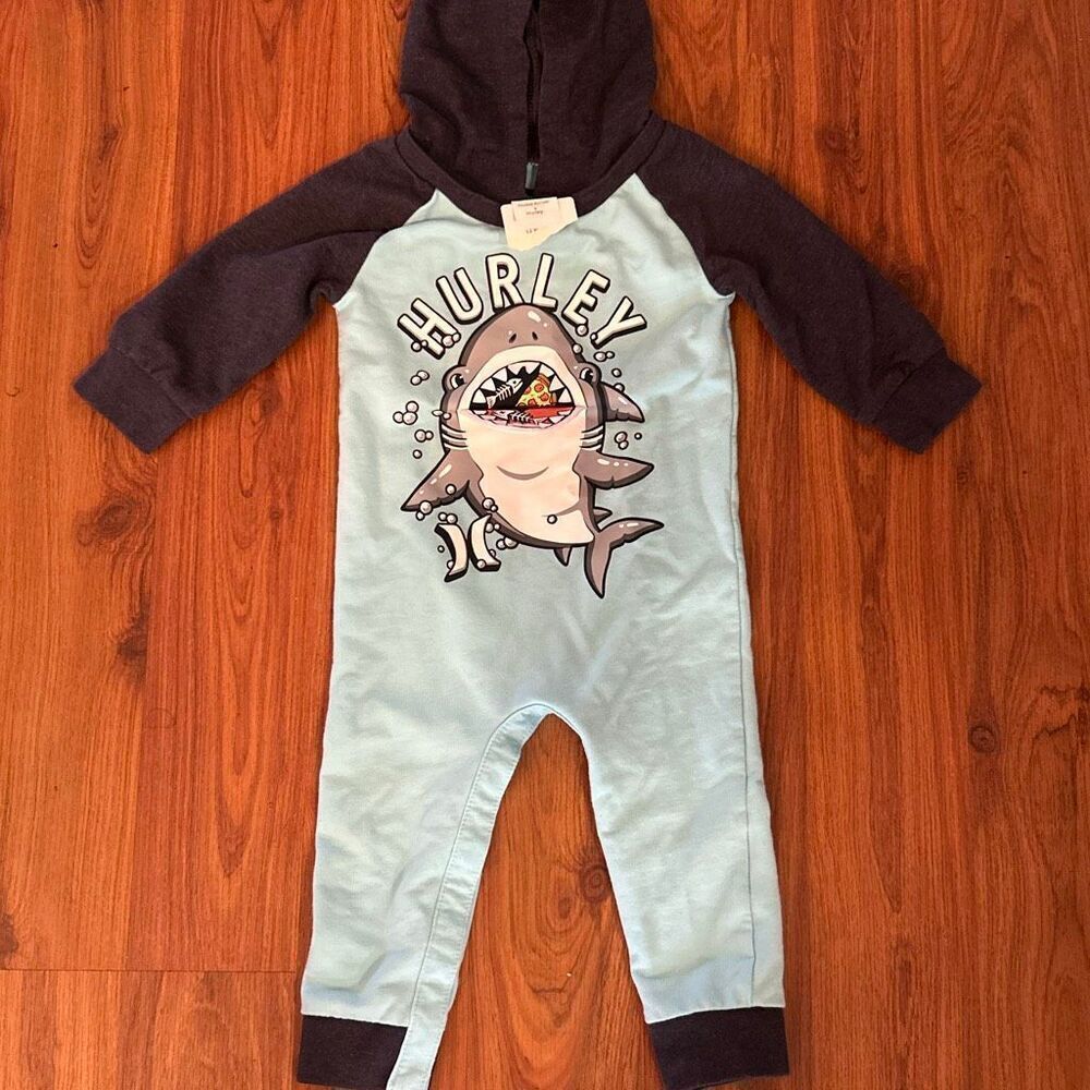NWT Hurley light blue shark interactive open mouth graphic one piece hoodie size